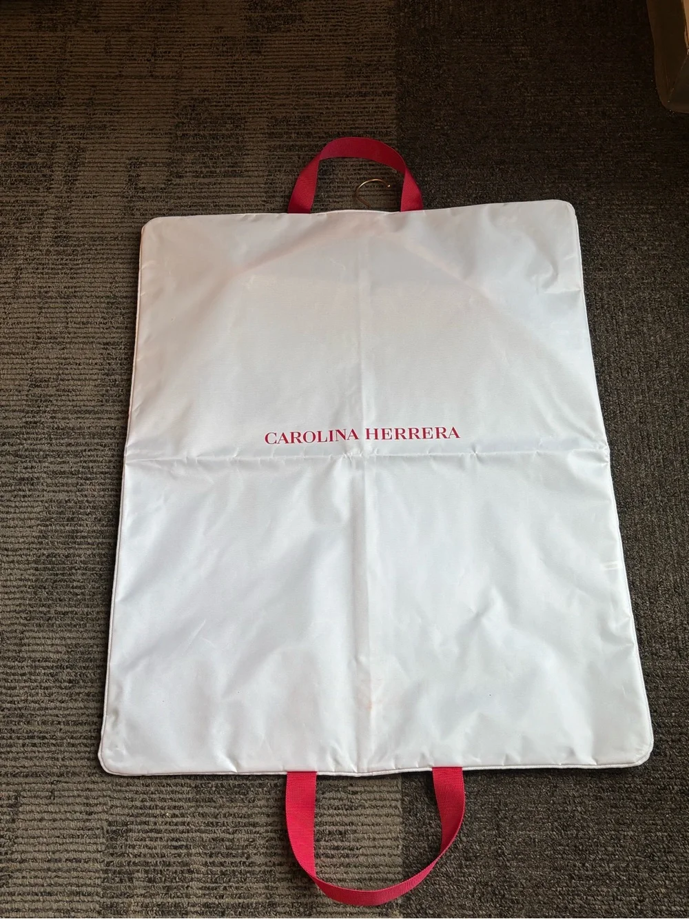 Carolina Herrera White Garment Bag with Pink Strap Accents